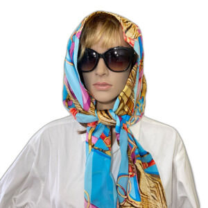 100% Silk Scarf Blue brown Equestrian Horse Bits Chain Print multifunctional